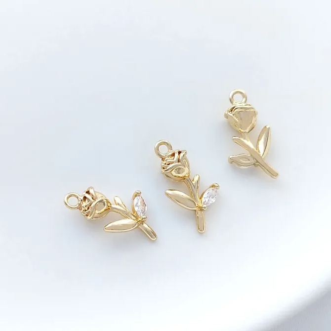 14k Gold Rose with Colored Zircon Leaf Pendant