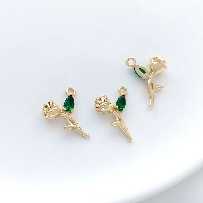 14k Gold Rose with Colored Zircon Leaf Pendant