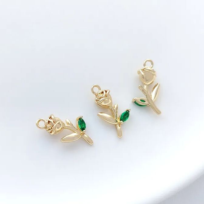 14k Gold Rose with Colored Zircon Leaf Pendant