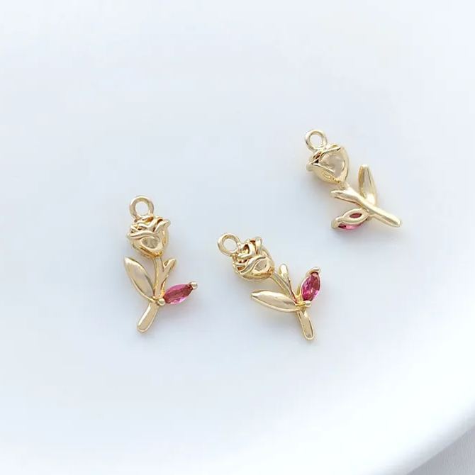 14k Gold Rose with Colored Zircon Leaf Pendant