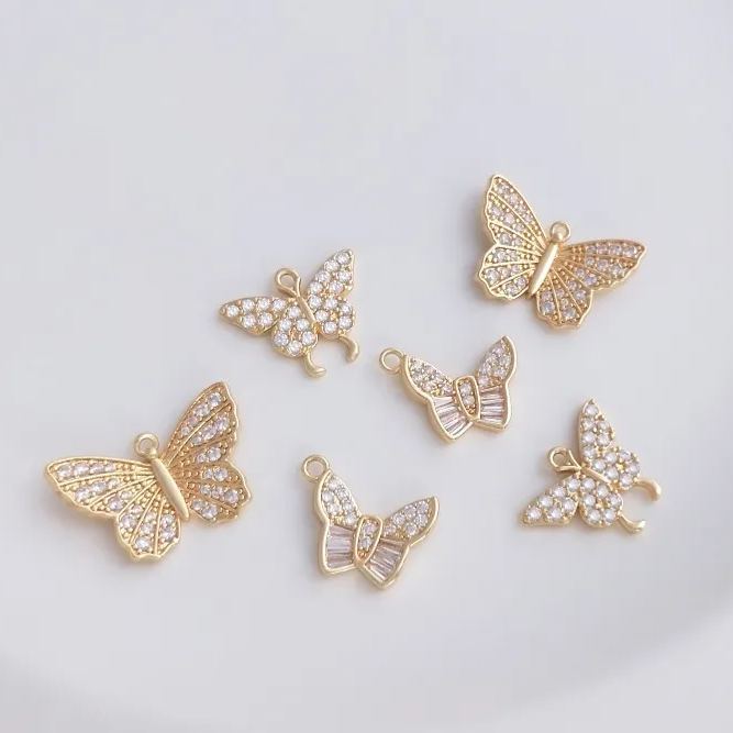 14k Gold Zircon Butterfly Charm Pendant with Hanging Rings