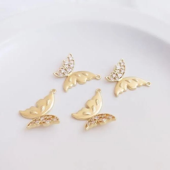 14k Gold Zircon Butterfly Charm Pendant with Hanging Rings