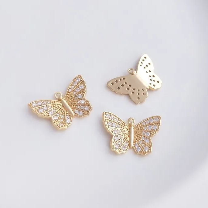 14k Gold Zircon Butterfly Charm Pendant with Hanging Rings
