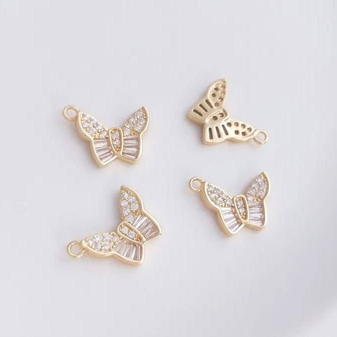 14k Gold Zircon Butterfly Charm Pendant with Hanging Rings