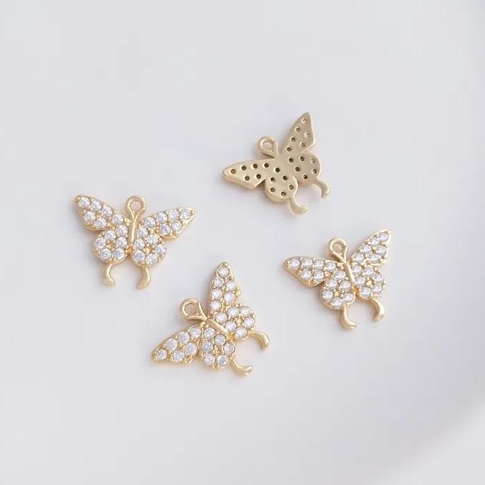 14k Gold Zircon Butterfly Charm Pendant with Hanging Rings