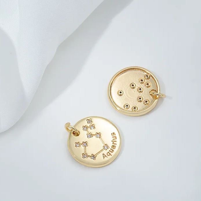 15.5mm Zircon Inlaid 12 Constellations Round Coin Charms Pendant