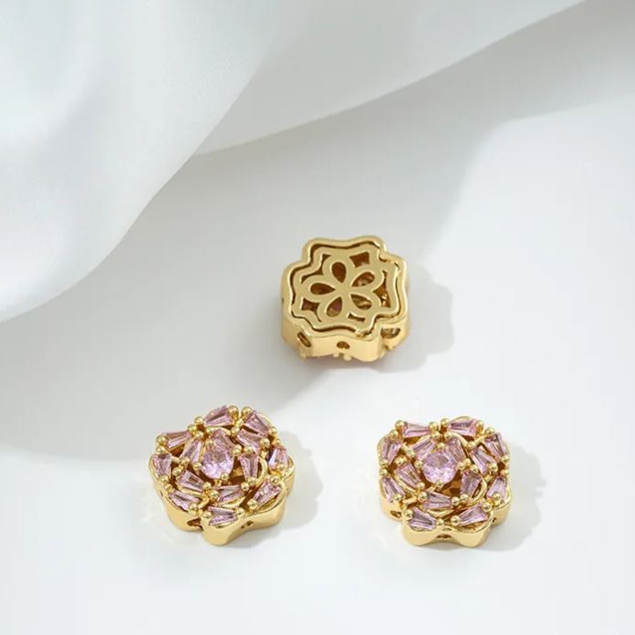 Flowers Colored Zircon Inlaid 14k Gold Spacer Beads Jewelry Charms
