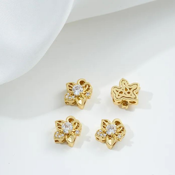 Flowers Colored Zircon Inlaid 14k Gold Spacer Beads Jewelry Charms