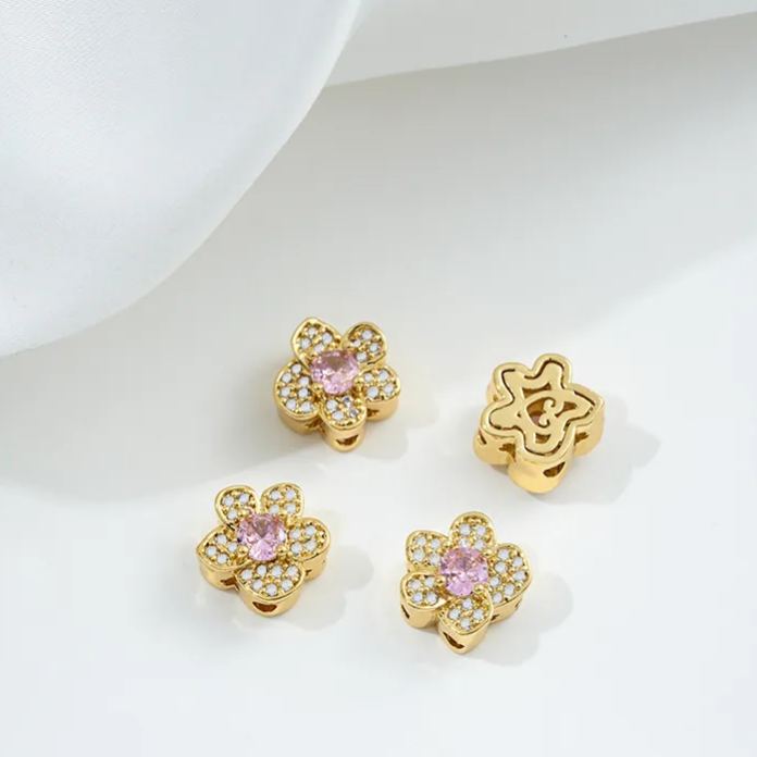 Flowers Colored Zircon Inlaid 14k Gold Spacer Beads Jewelry Charms