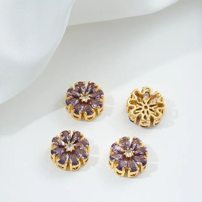 Flowers Colored Zircon Inlaid 14k Gold Spacer Beads Jewelry Charms