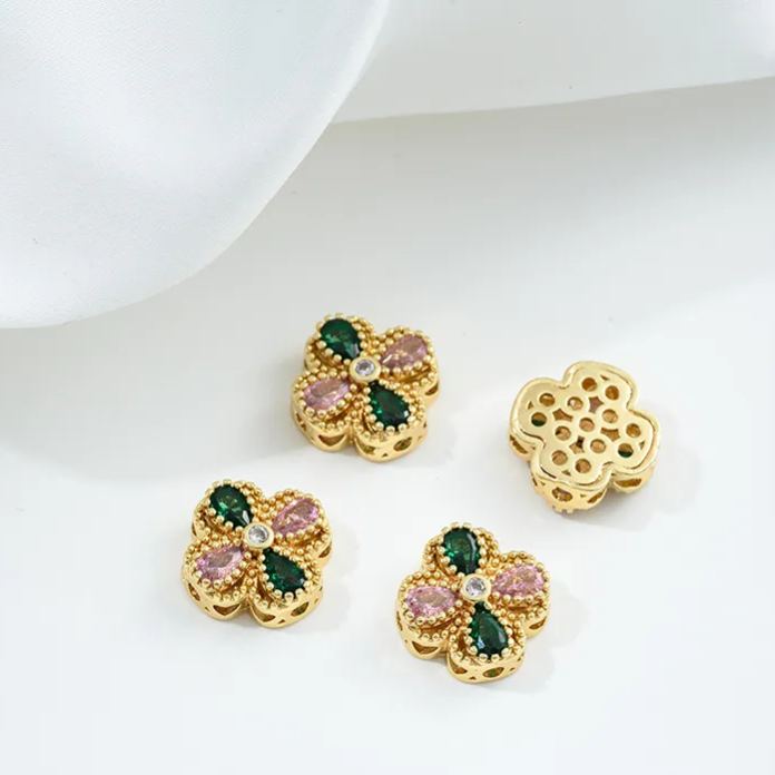 Flowers Colored Zircon Inlaid 14k Gold Spacer Beads Jewelry Charms