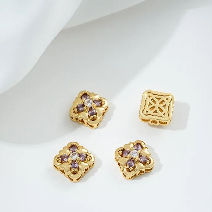 Flowers Colored Zircon Inlaid 14k Gold Spacer Beads Jewelry Charms