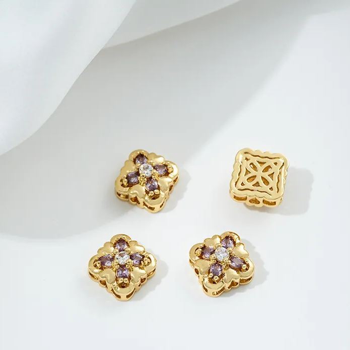 Flowers Colored Zircon Inlaid 14k Gold Spacer Beads Jewelry Charms