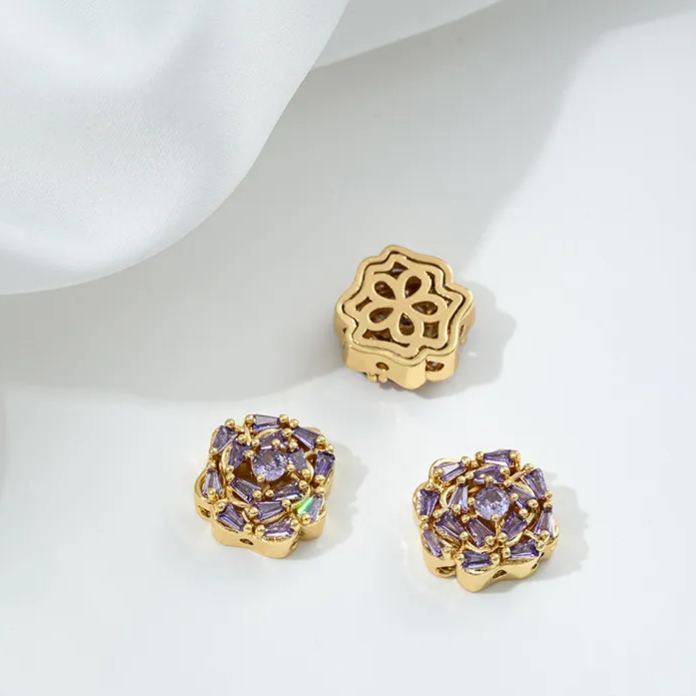 Flowers Colored Zircon Inlaid 14k Gold Spacer Beads Jewelry Charms