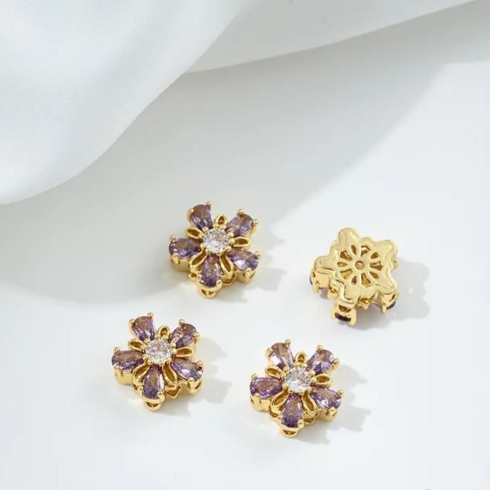 Flowers Colored Zircon Inlaid 14k Gold Spacer Beads Jewelry Charms