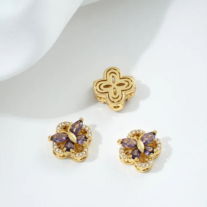 Flowers Colored Zircon Inlaid 14k Gold Spacer Beads Jewelry Charms