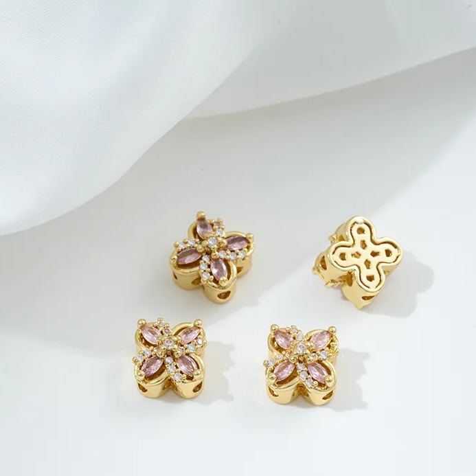 Flowers Colored Zircon Inlaid 14k Gold Spacer Beads Jewelry Charms