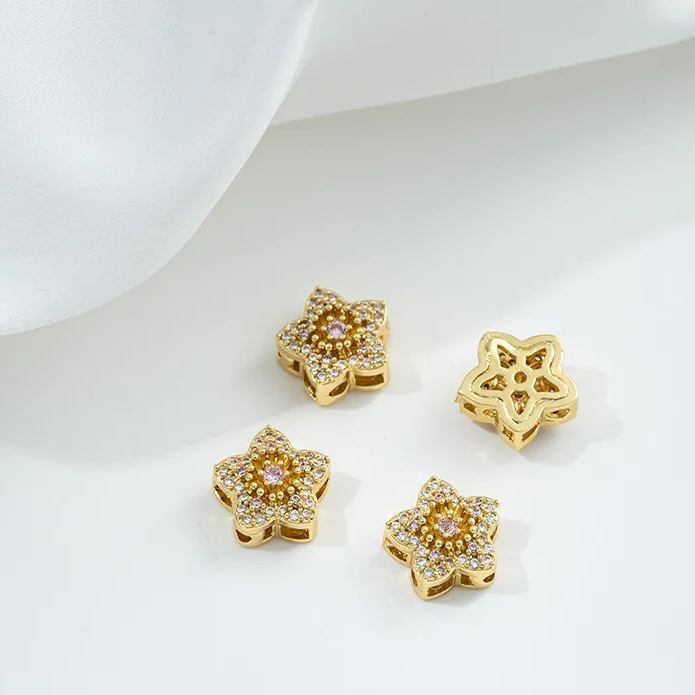 Flowers Colored Zircon Inlaid 14k Gold Spacer Beads Jewelry Charms