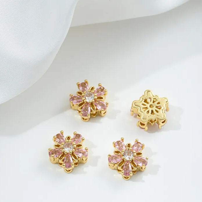 Flowers Colored Zircon Inlaid 14k Gold Spacer Beads Jewelry Charms