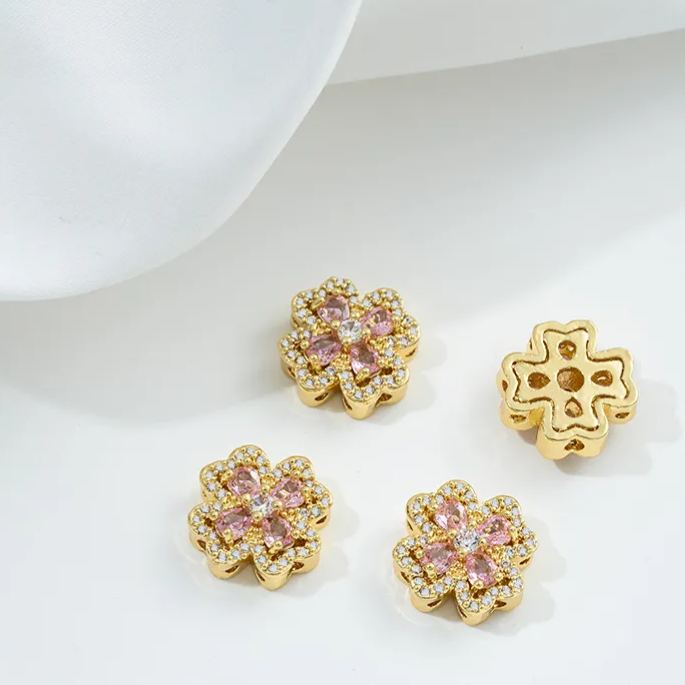 Flowers Colored Zircon Inlaid 14k Gold Spacer Beads Jewelry Charms