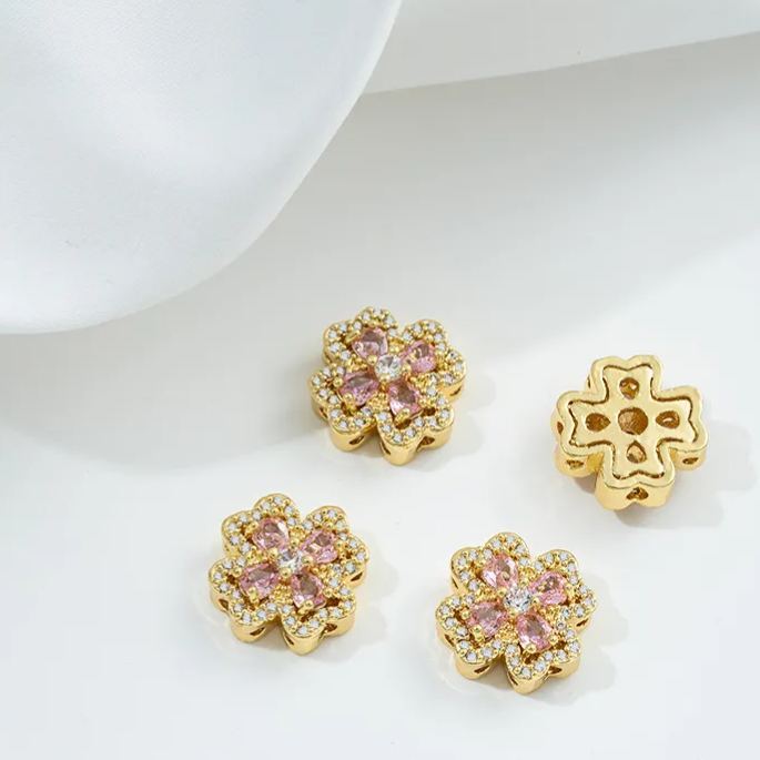 Flowers Colored Zircon Inlaid 14k Gold Spacer Beads Jewelry Charms