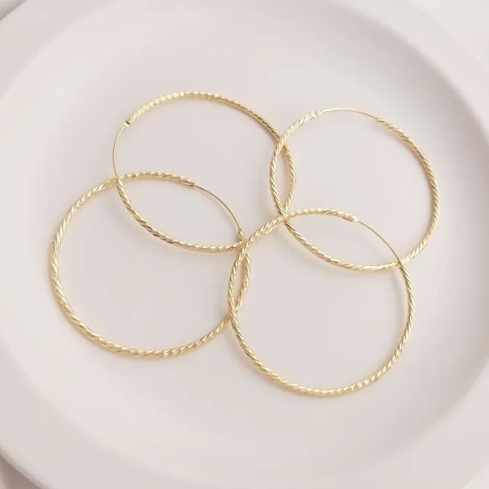 14k Gold Plated Engraved Shining Round Loops Earrings Accessory 1Pair