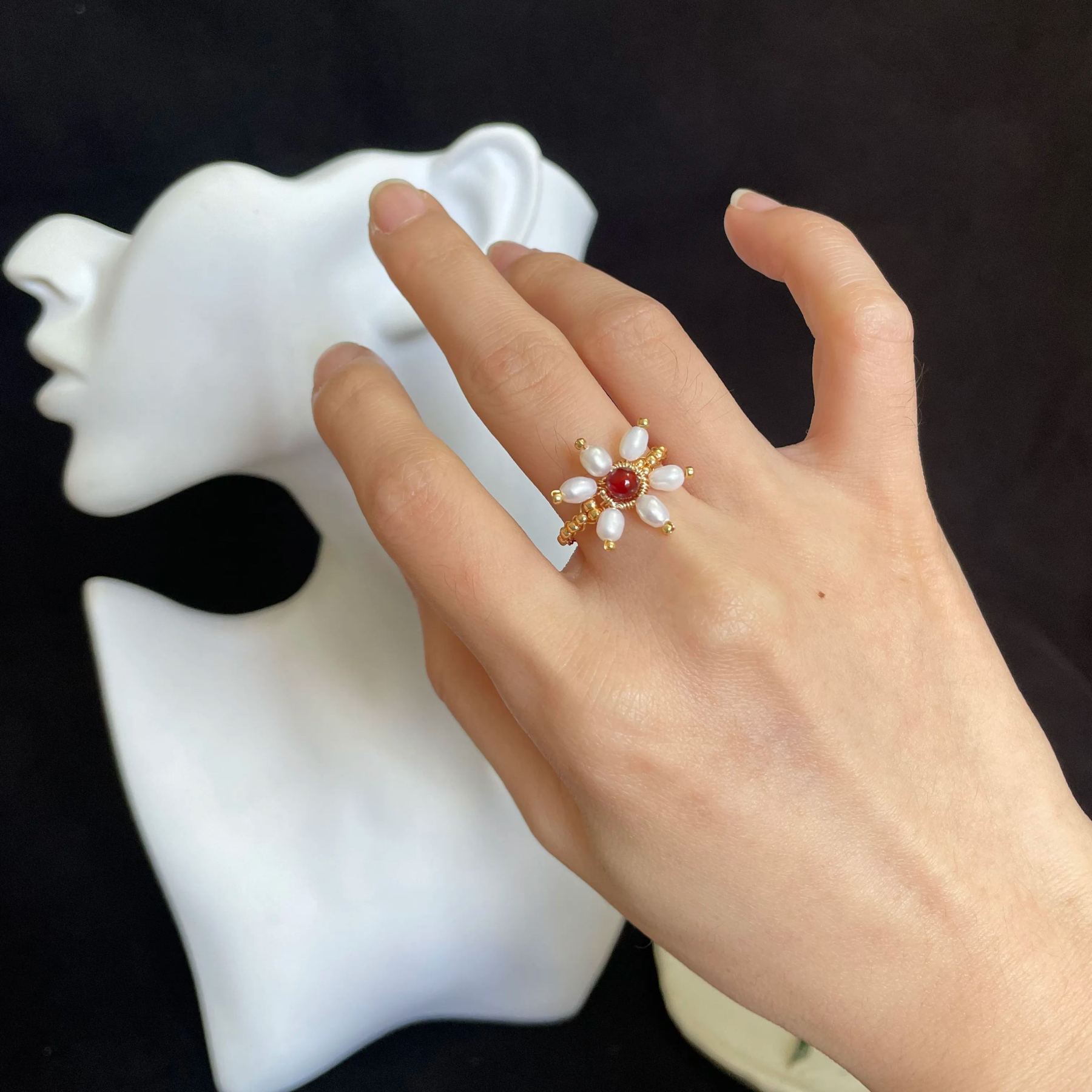 Six Petals Pearls Flower Ring with Red Agate Core 