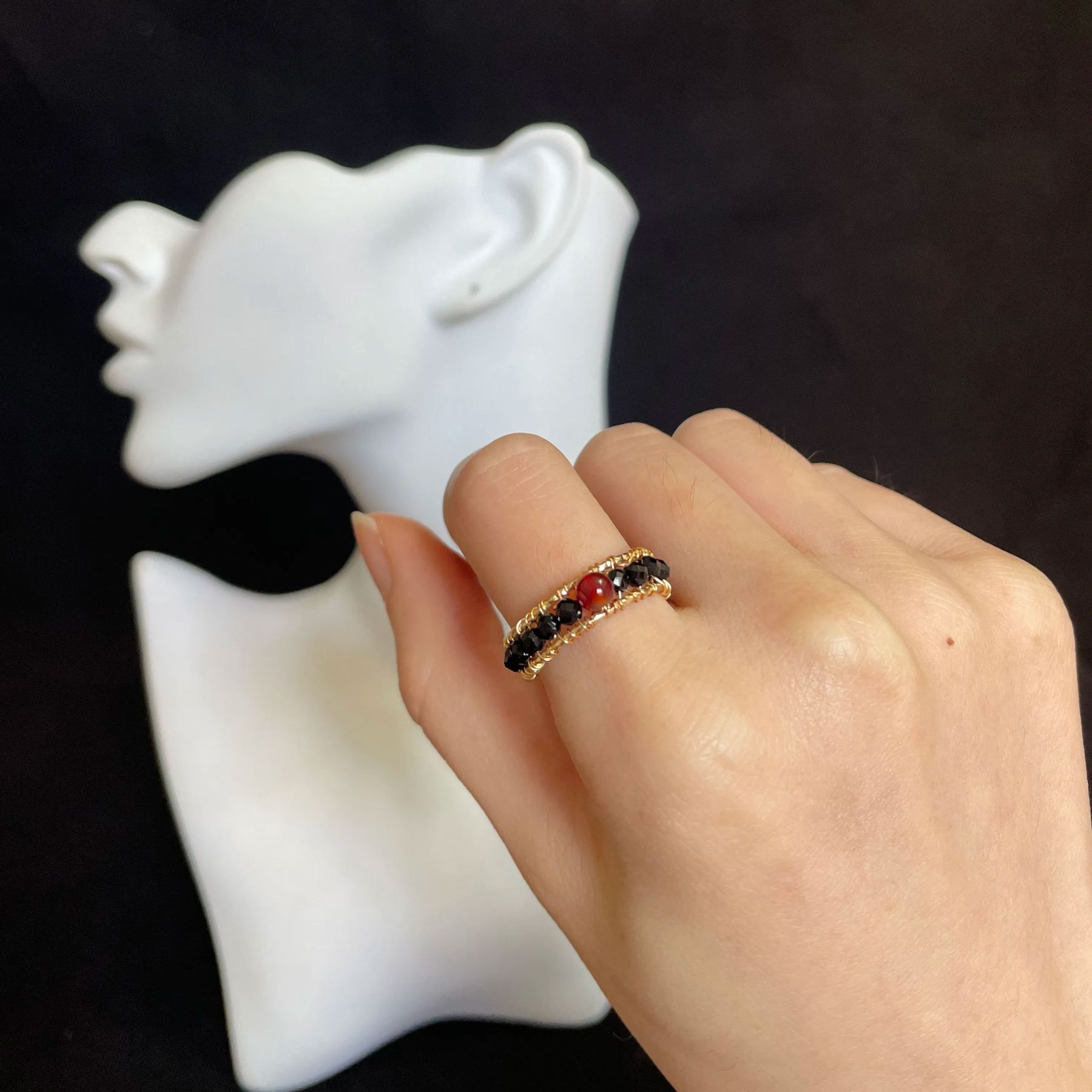 Black Spinel and Red Agate Woven Open Ring