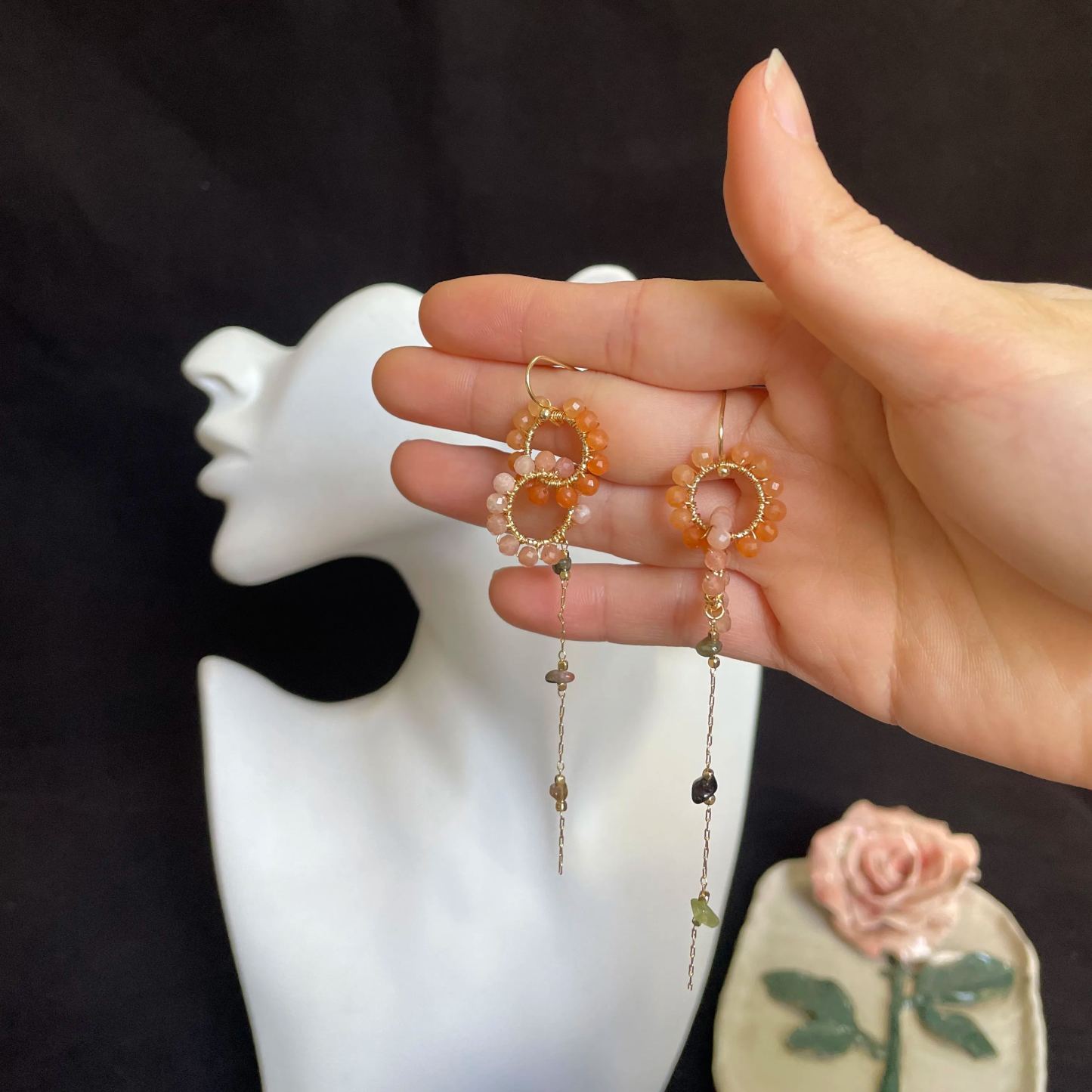 Orange Gemstone Dual Ring Earrings with Tourmaline Raw Stones Chain