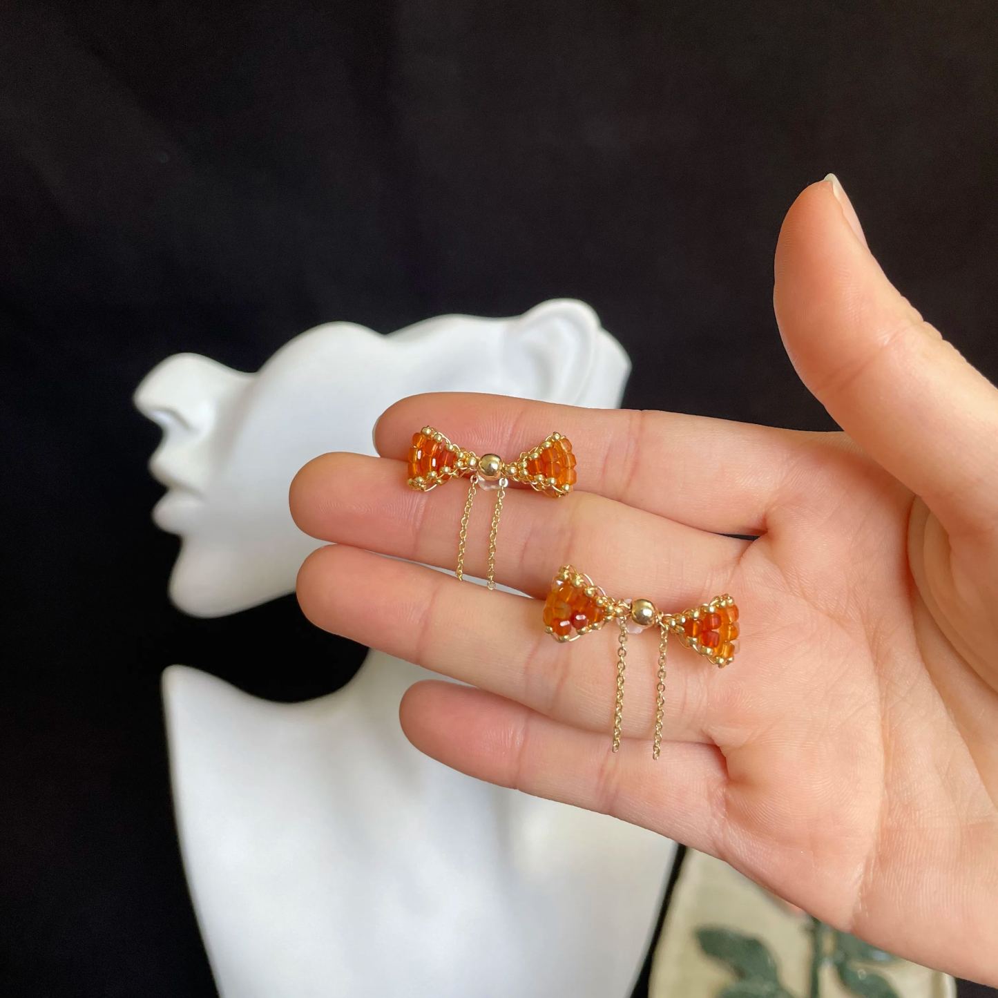 Red Agate Woven Orange-Red Bowknot Stud Earrings