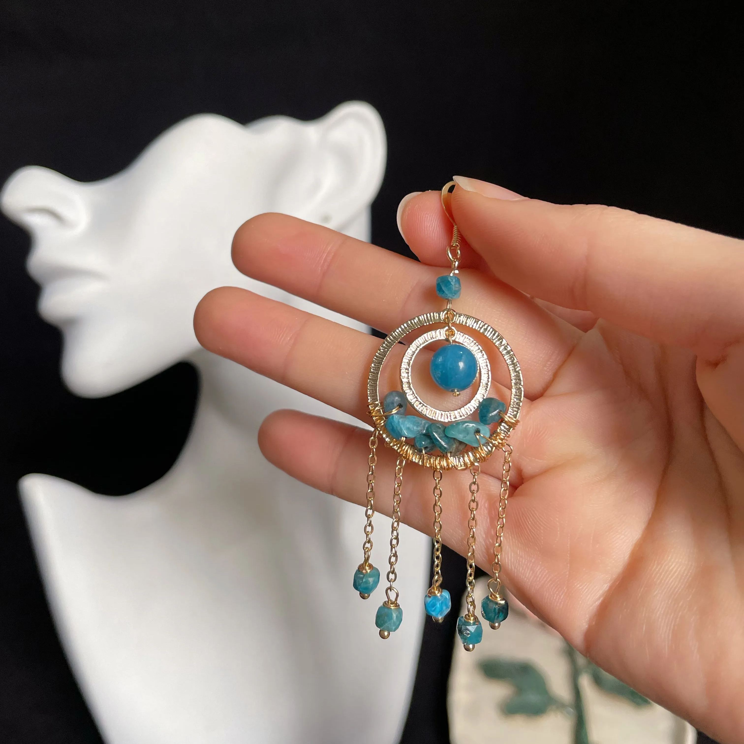 Intricate Dual Rings Blue Apatite Tassel Earrings 