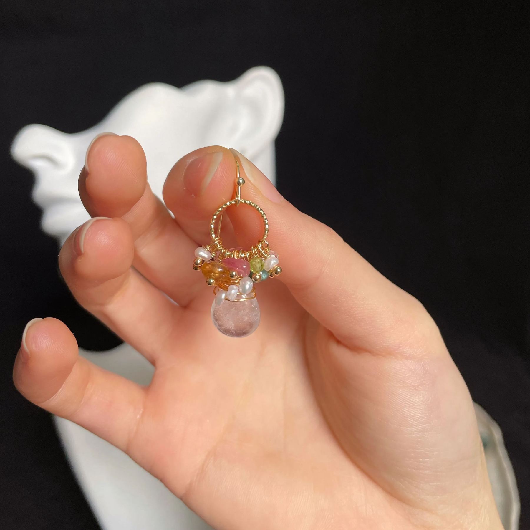 Multi-Gemstone Cluster Earrings with Clear Quartz Drop 