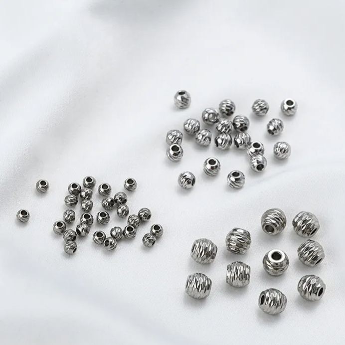 Handmade Stainless Titanium Steel Engraved Striped Round Beads 10pcs for Jewelry DIY
