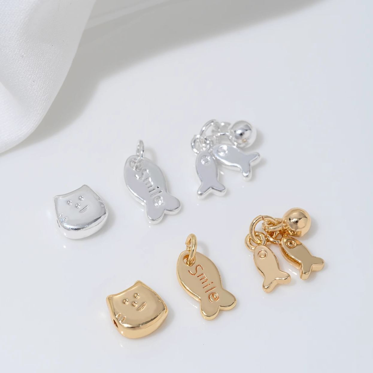 Gold Plated Cat and Fish Charms Spacer Bead Jewelry Pendant for DIY