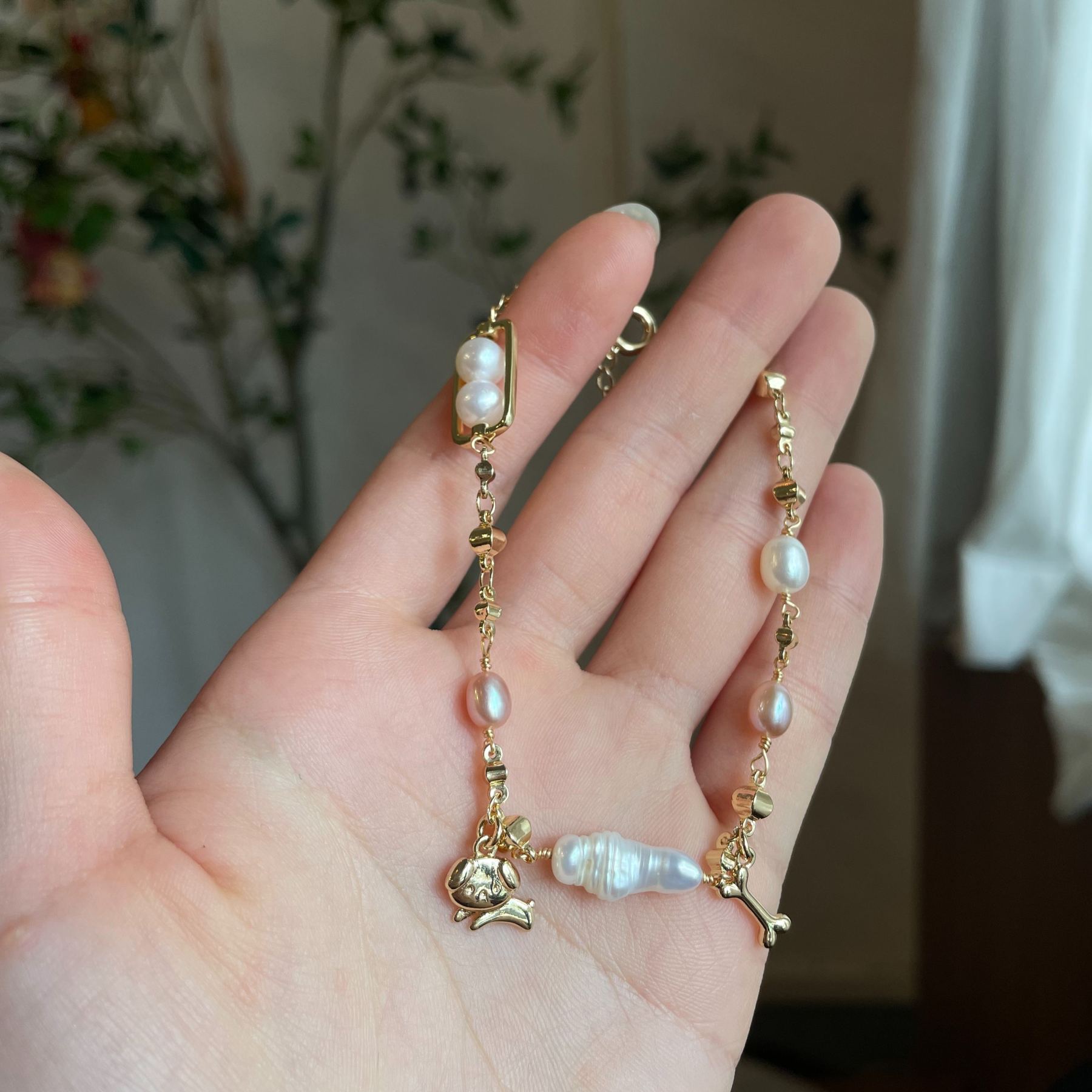 Handmade Freshwater Pearl and Bead Chain Bracelet with Dog Charms