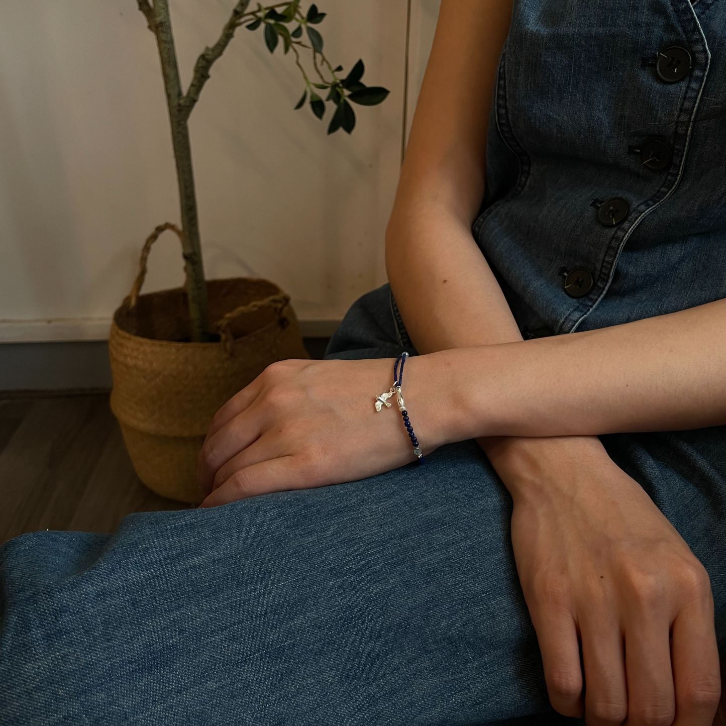 Handmade Lapis Lazuli Blue Apatite and Pearls Bracelet with Sterling Silver Bird and Fish Charms