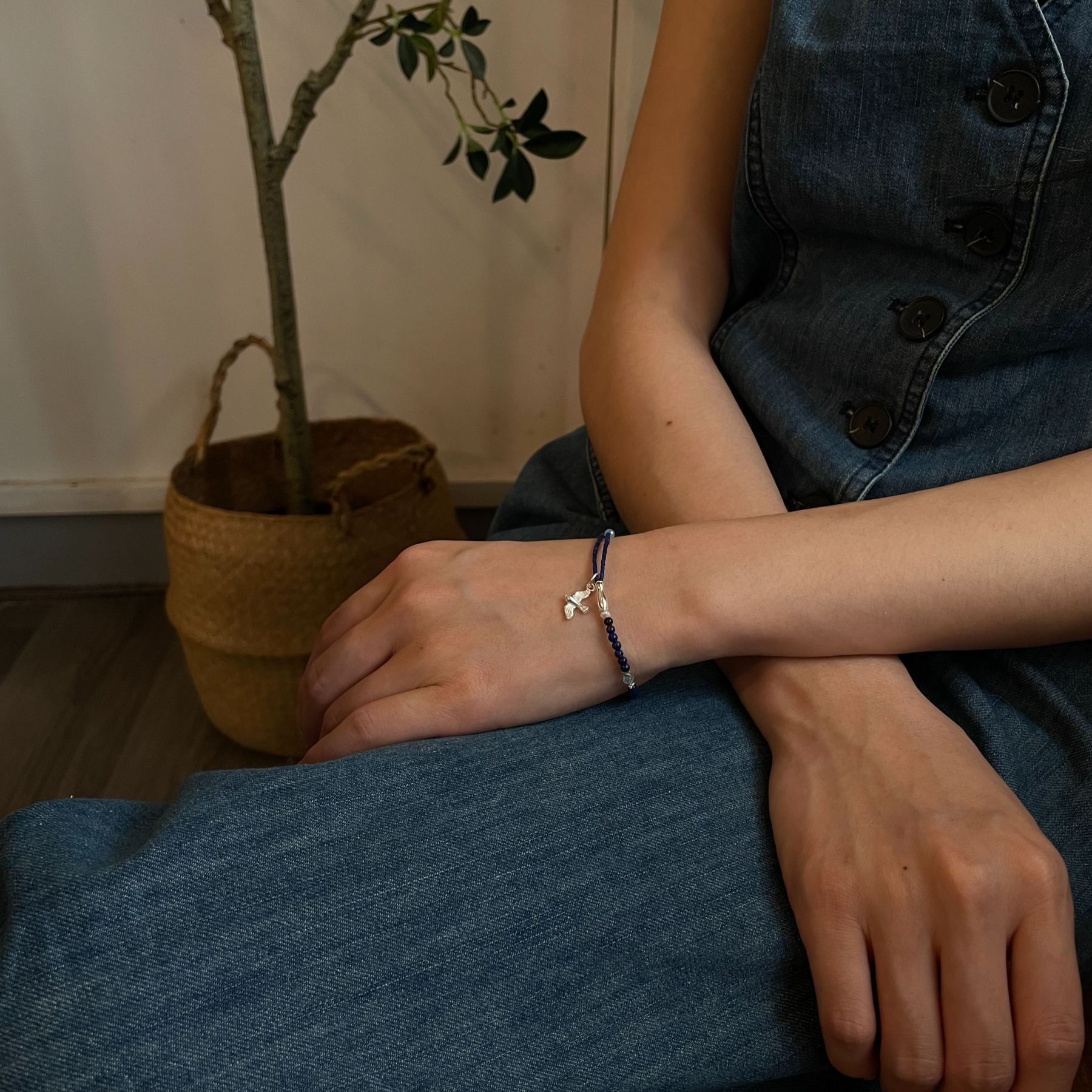 Handmade Lapis Lazuli Blue Apatite and Pearls Bracelet with Sterling Silver Bird and Fish Charms