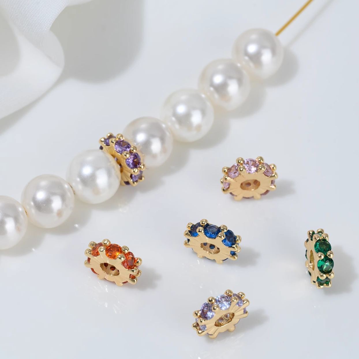 One Loop Zirconia Inlaid Gold Plated Cylindrical Wheel Spacer Beads Multiple Color