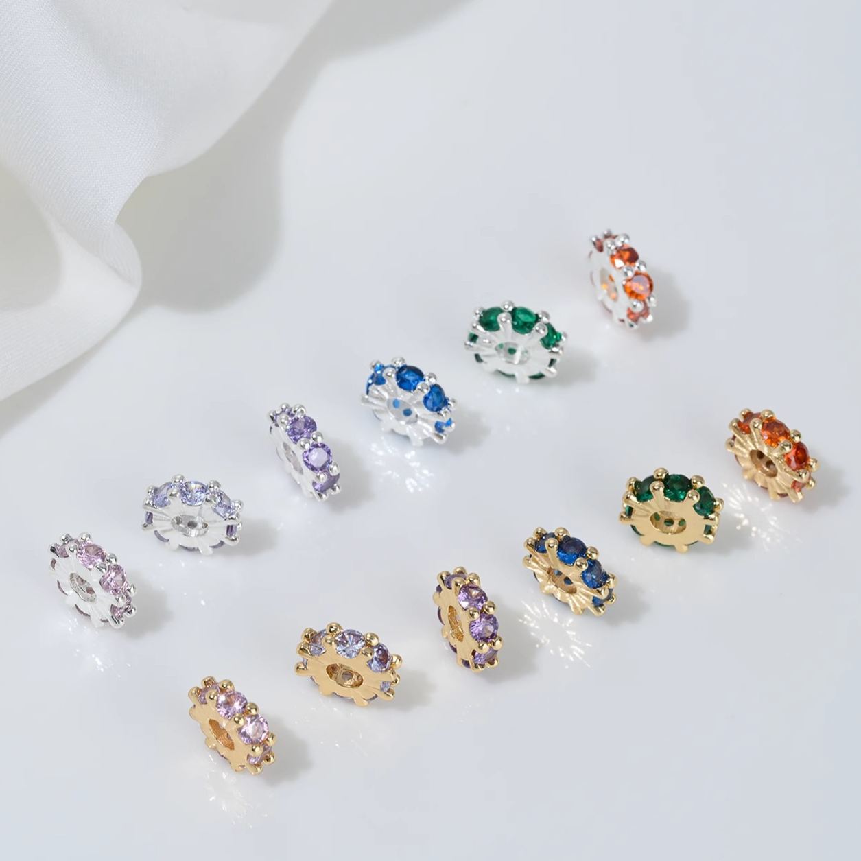 One Loop Zirconia Inlaid Gold Plated Cylindrical Wheel Spacer Beads Multiple Color