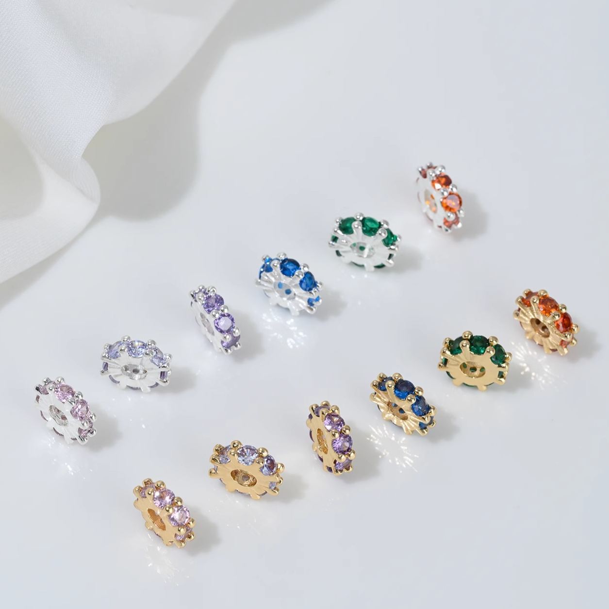 One Loop Zirconia Inlaid Gold Plated Cylindrical Wheel Spacer Beads Multiple Color