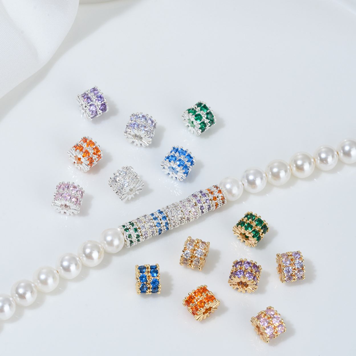 Two Loop Zirconia Inlaid Gold Plated Cylindrical Wheel Spacer Beads Multiple Color