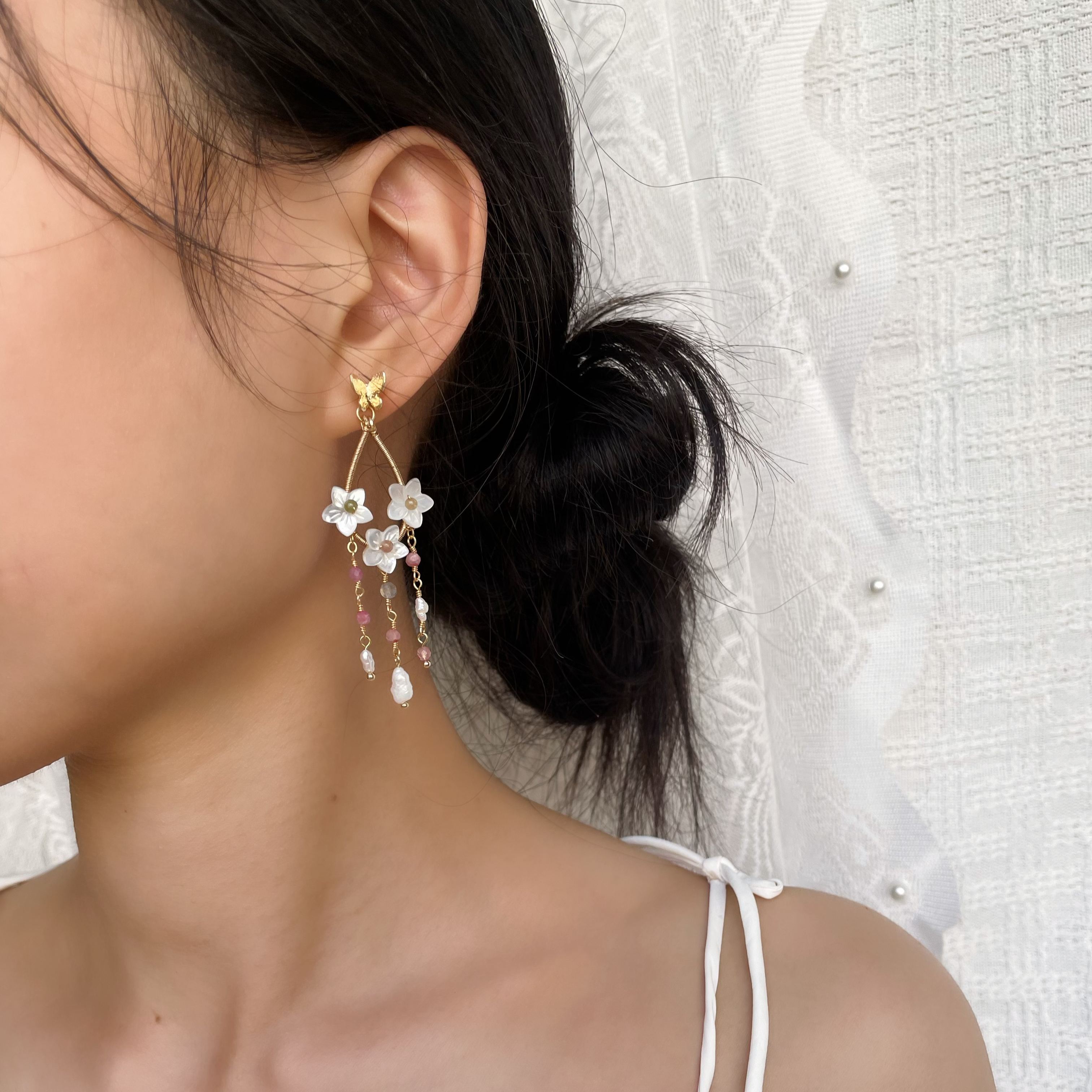 Handmade Blossom Whisper Mother of Pearl Flower Earrings with Pink Tourmaline and Keshi Pearls Drop