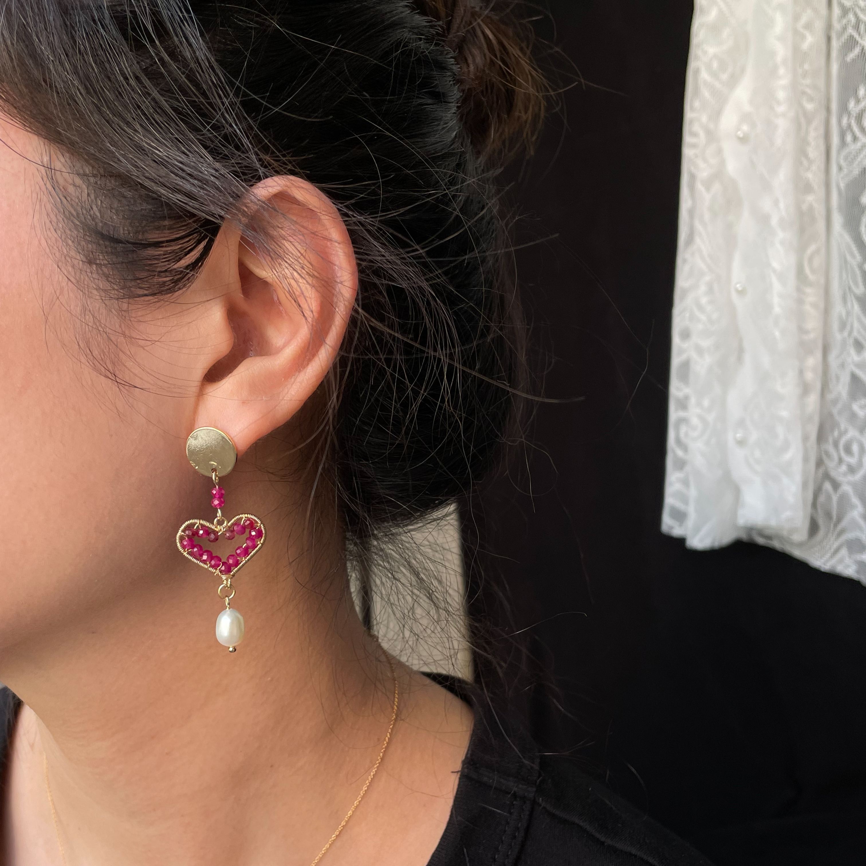 Handmade Wire-Wrapped Ruby Heart Earrings with Freshwater Pearl Drop