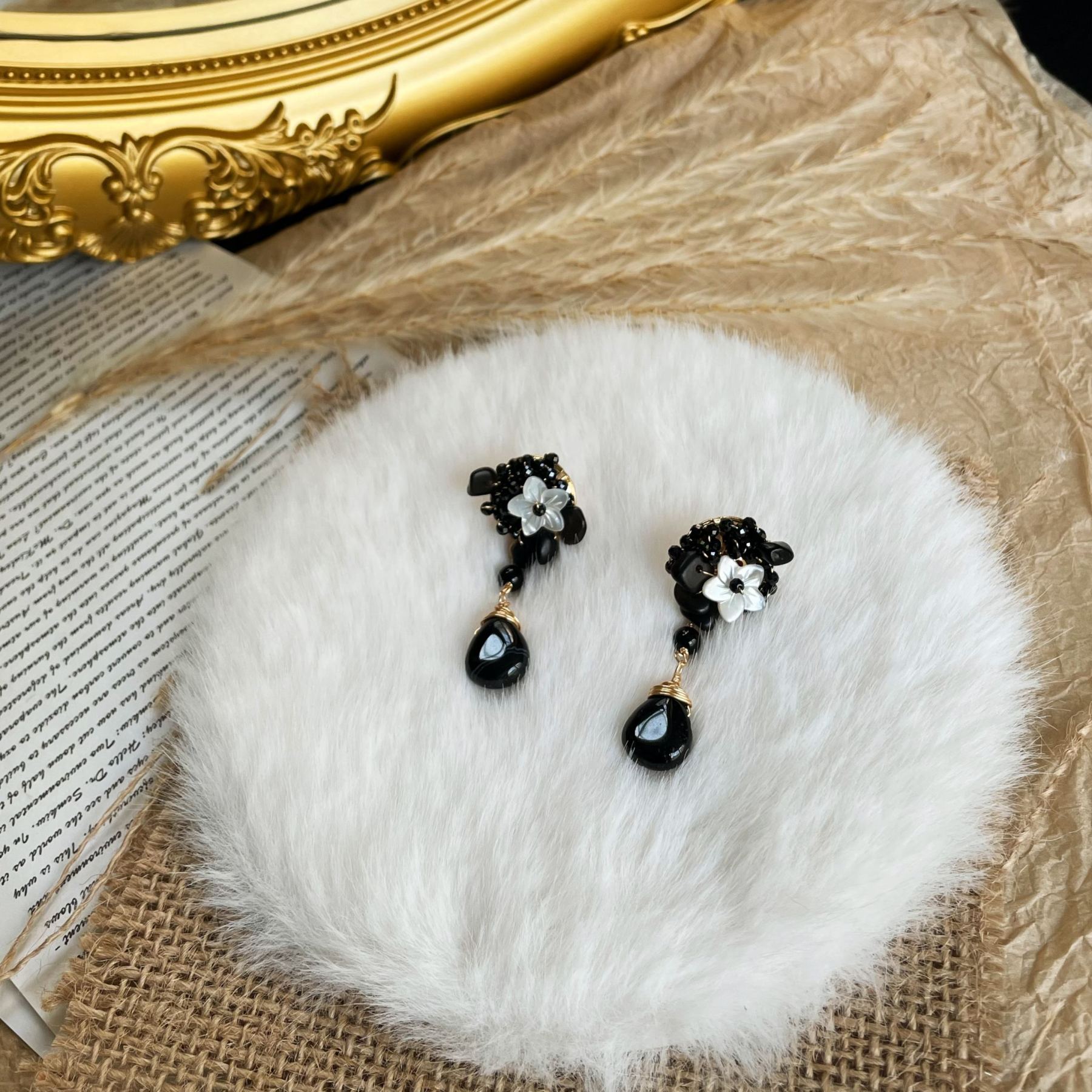 Handmade Black Spinel and Obsidian wirewrapped with Mother of Pearl Flower Earrings