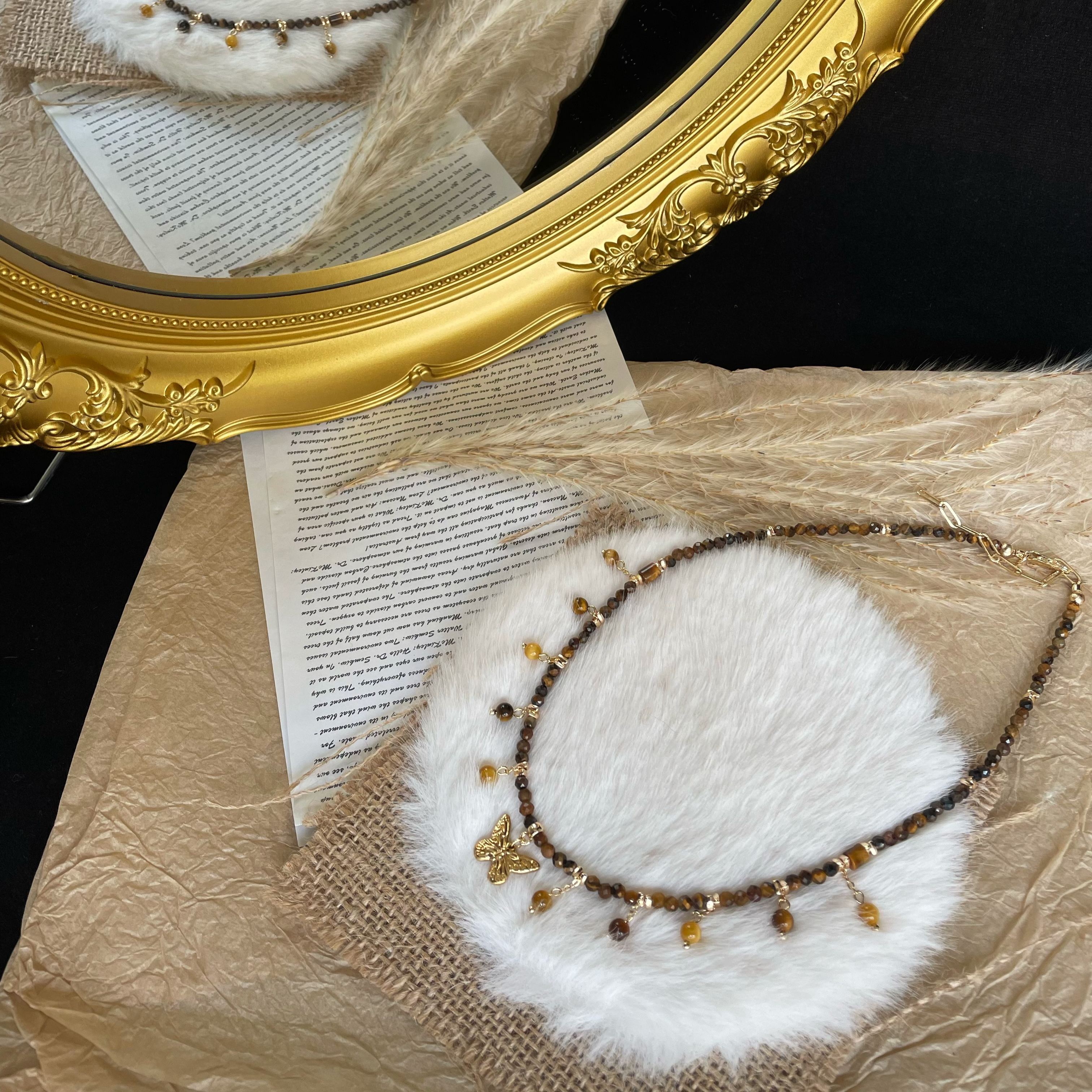 Handmade Tiger’s Eye Beads with Butterfly Charm Necklace Golden Energy and  Elegance