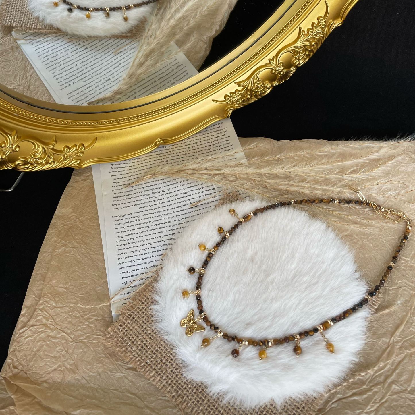 Handmade Tiger’s Eye Beads with Butterfly Charm Necklace Golden Energy and  Elegance
