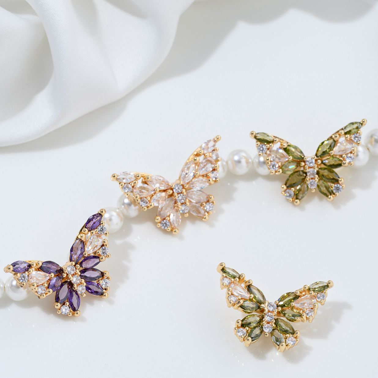 Cubic Zirconia Inlaid Gold Plated Butterfly Spacer Bead Jewelry Charm Multiple Color