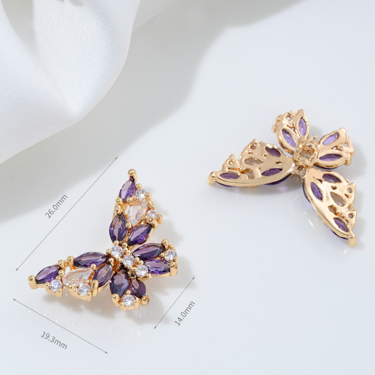 Cubic Zirconia Inlaid Gold Plated Butterfly Spacer Bead Jewelry Charm Multiple Color