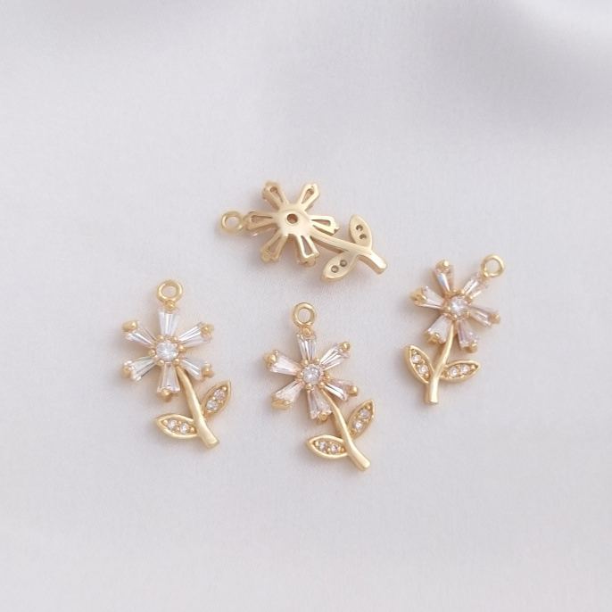 Cubic Zirconia inlaid 14k Gold Plated Flower Charm Jewelry Pendant Rose Charm