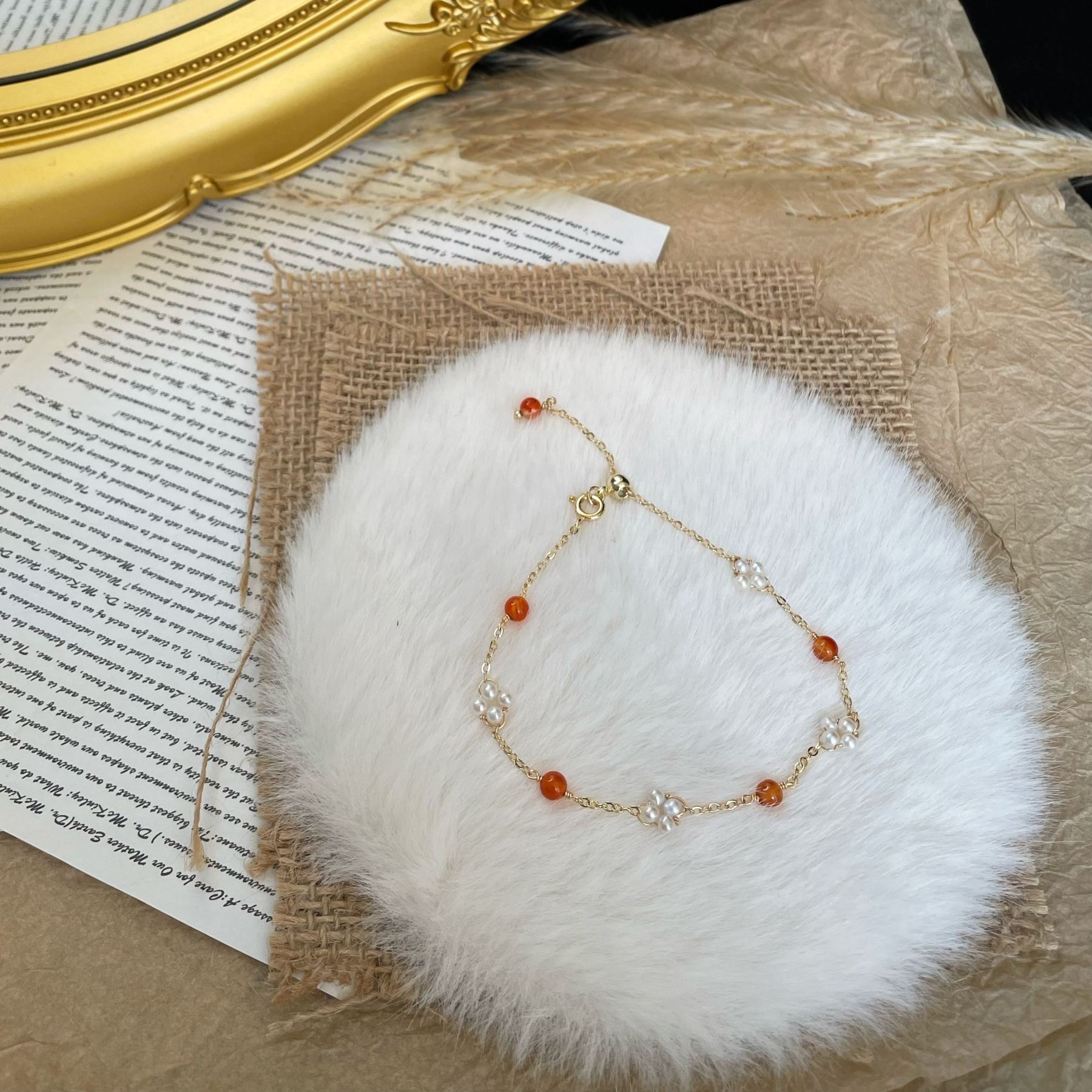 Handmade Freshwater Pearl Floral Clusters and Red Agate Round beads Dainty Gold Chain Bracelet 